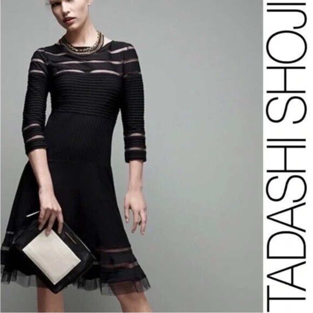 Tadashi Shoji Black Midi Dress with Sheer Paneling